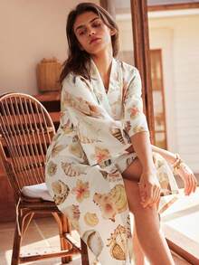 Women's Bohemian Vacation Casual Ocean Element Shell & Hibiscus Print Loose Tie-Waist Woven Robe - Multicolor - View 4