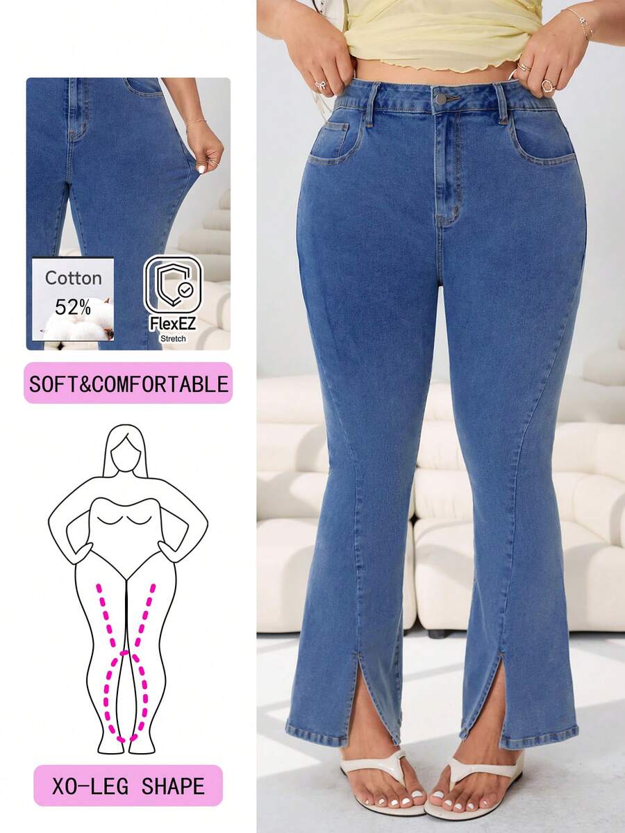 Spring/Summer New Versatile Casual Denim Jeans, Suitable For Outings, Parties, Music Festivals, Back To School, Graduation, Commuting, Vacations, Streetwear, Weddings, Home Leisure, Shopping, City Walks And Multiple Occasions. High-Stretch Washed Blue, Slit, Skinny Flare, Plus Size - Baby Blue - View 1