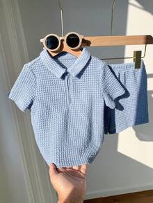 SHEIN 2pcs Baby Boy/Girl Soft Knit Polo Collar Short Sleeve Half-Zip Jacket And Casual Shorts Set,Blue,Summer,Casual,City Break,Korean Style Kids Outfits - Blue - View 4