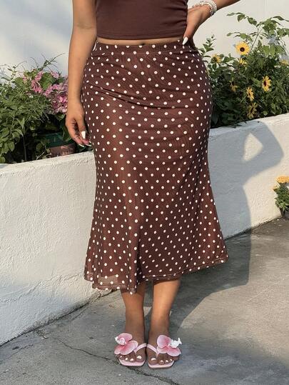 Muchica Plus Size Summer Casual Polka Dot Print Fishtail Skirt