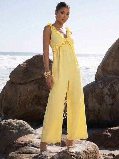 Amorya Women's Elegant Yellow Textured Striped V-Neck Ruffle Hem Back Tie Waist Straight Jumpsuit, Suitable For Summer Day, Beach, Fashion, Vacation, Commute, Date, Party And Multiple Occasions