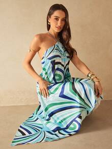 Silquee Robe femme sans manches à ourlet asymétrique avec motif rayé coloré, printemps/été - Bleu azur - Voir 7