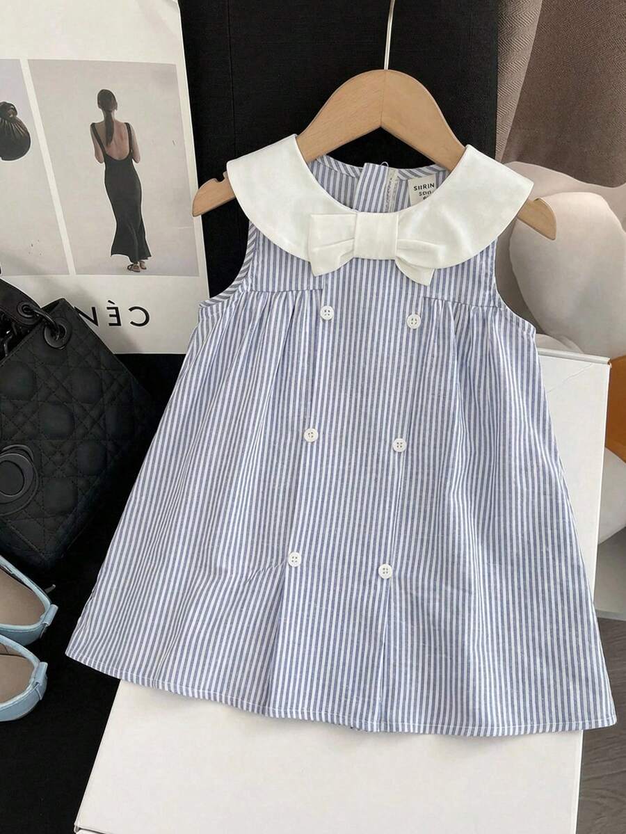 SHEIN 女婴可爱条纹彼得潘领蝴蝶结连衣裙，学院风 - 藍色 - 查看 1
