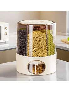 360° Rotatable Rice Dispenser - Sealed Dry Food Storage Container, 6-Compartment Large Capacity Grain Dispenser, Moisture-Proof Kitchen Grain Dispenser - White - View 1