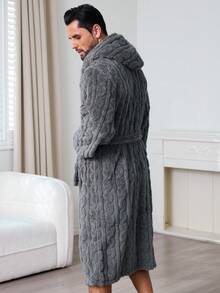 1PC Autumn/Winter Multicolor Long Plush Cable Knit Hooded Bathrobe, Elegant & Charming Fashion Men's Casual Loungewear & Couples Robe - Dark Grey - View 6