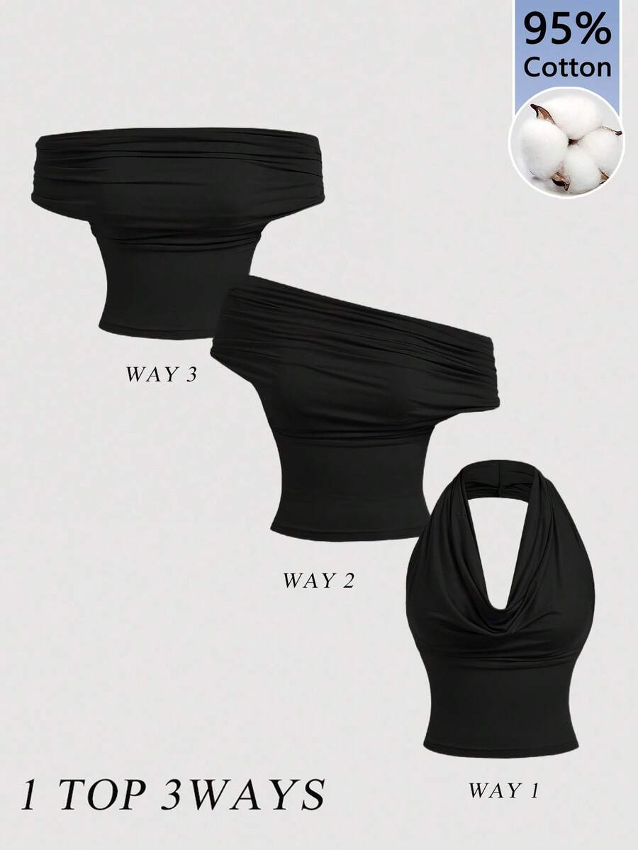 SHEIN MOD Áo tank top nữ 95% cotton màu trơn, cổ xếp ly, đa năng - 1 áo 3 kiểu, gợi cảm, dễ thương, phong cách vintage Y2K Coconut Girl cho kỳ nghỉ xuân/hè, đi biển, Hawaii, du lịch đảo, phong cách Boho và các lễ hội âm nhạc. - Nhiều màu - Xem 1