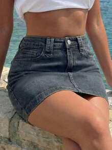 SHEIN ICON Women's Casual Washed Fitted Denim Mini Skirt, Summer - Blue - View 3