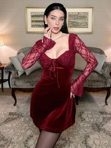 hhfernanda 优雅法式秋季新款丝绒撞色蕾丝红色情人节系列连衣裙，性感派对独特设计长袖迷你连衣裙，女士 - 酒紅色 - 查看 4