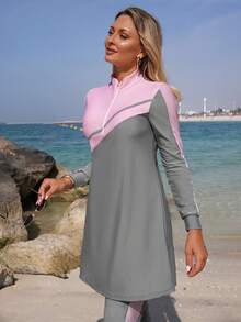Swim Mulvari Women's Colorblock Long Sleeve & Long Pants Casual Burkini Set, Suitable For Beach & Holiday - Multicolor - View 7