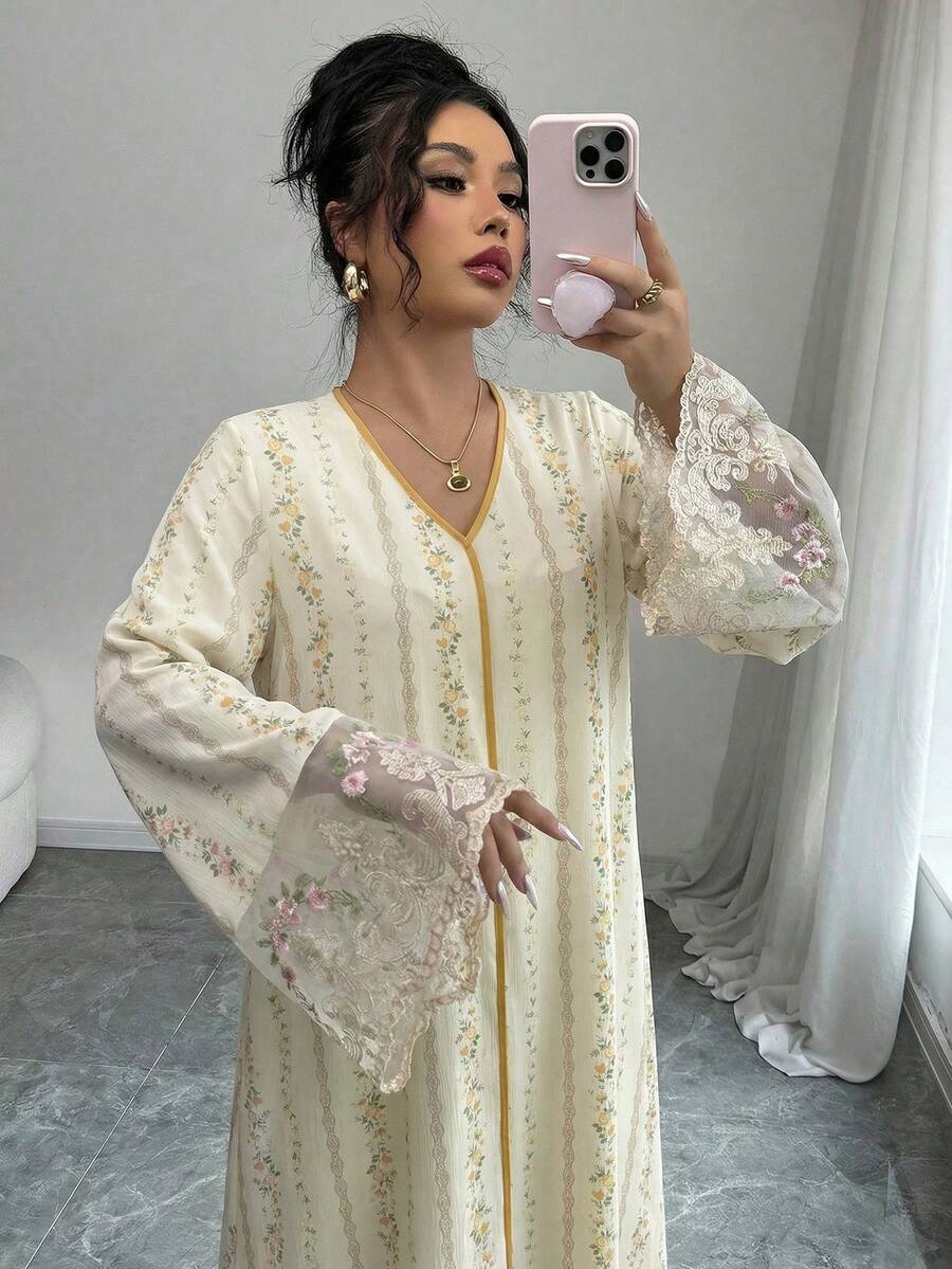 Yasmyna 女士梭织印花袖口拼接长袖宽松阿拉伯连衣裙 - 黃色 - 查看 1