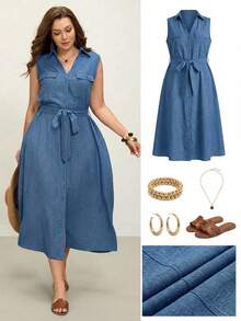 Comfylo 大码女式夏季休闲度假日常通勤翻盖口袋系带无袖连衣裙 - 藍色 - 查看 2