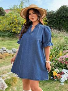 Breezaya 大码夏季休闲V领牛仔连衣裙 - 藍色 - 查看 4