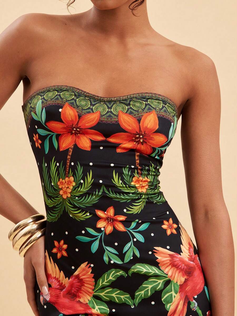 Travachic Tropical Floral Print Bandeau Bodycon Vacation Dress,Summer Dresses For Women - Black - View 1