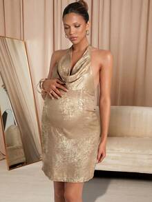 MaterniChic Vestido de maternidad con escote en pico, espalda descubierta y lazada, sexy para vacaciones y fiestas - Dorado - Ver 4