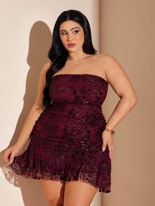 SHEIN BAE Plus Size Wine Red Jacquard Bandeau Mini Dress,Women's Elegant Pink Floral Autumn Night Out Club Strapless Burgundy Ruched Velvet Bodycon Party Dress - Burgundy - View 1