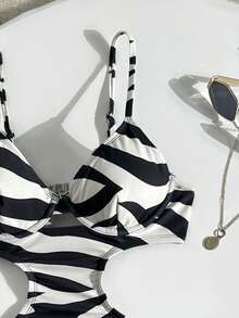 Swim Vcay Traje de baño de una pieza con estampado de cebra y espalda descubierta para vacaciones en la playa - Multicolor - Ver 4