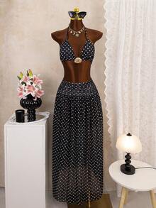 Bonvoyette 3件套春假随机波点印花多色三角吊带性感优雅度假比基尼套装，配金属贝壳配饰和长款网纱沙滩裙，女士泳装 - 黑與白 - 查看 2