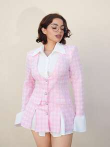 Lupita Cardoza Women's 2 In 1 Pink Waist-Cinching Long Sleeve Flounced Lightweight Blazer , Business Casual, Office Wear , Elegant, College Students In Fall/Winter - Pink - View 6