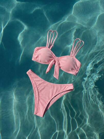 SHEIN BAE 大码女士纯色系带性感比基尼泳装套装，夏季海滩女装