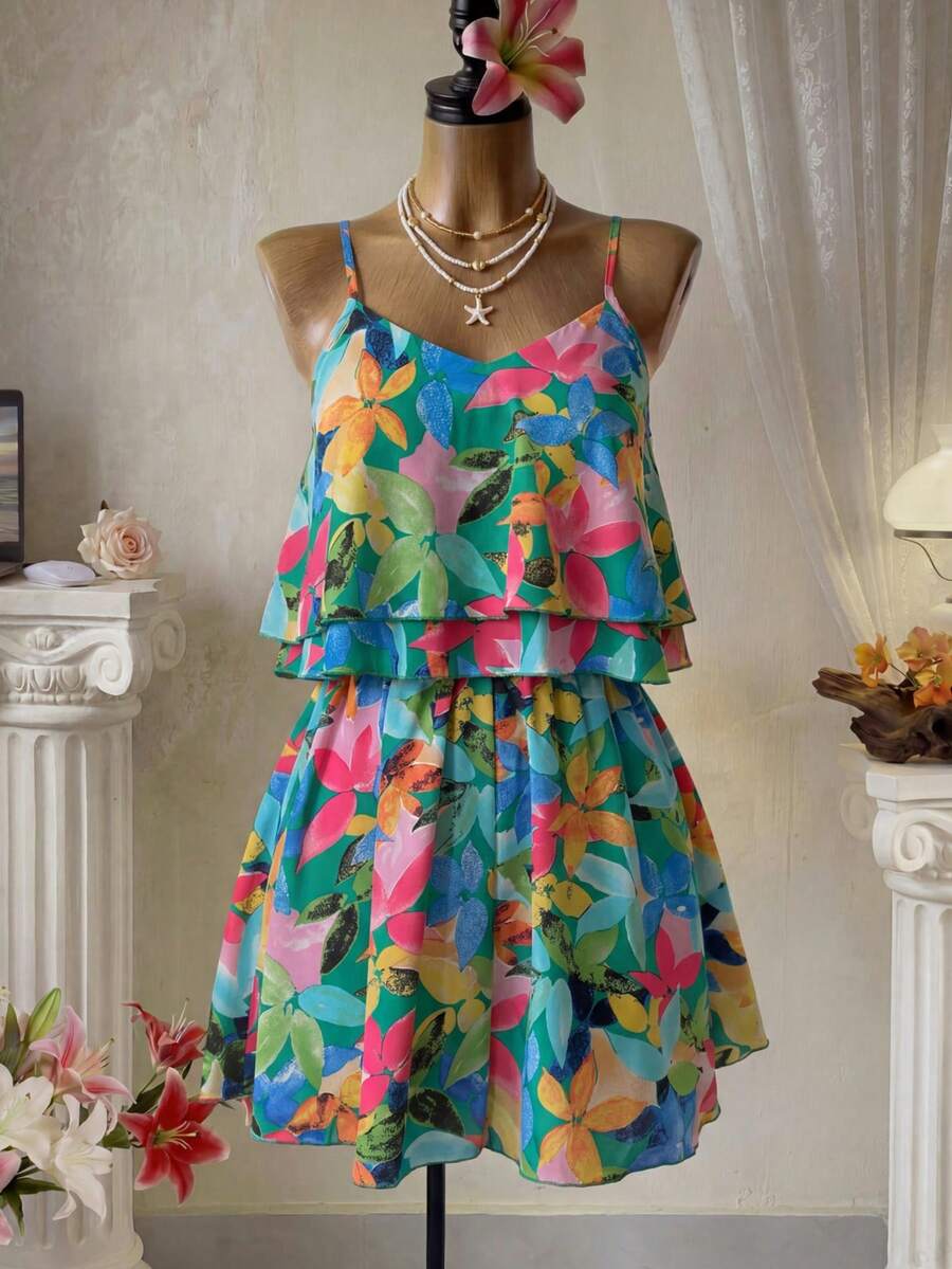 Femesol Allover Print Ruffle Trim Cami Romper - Green - View 1