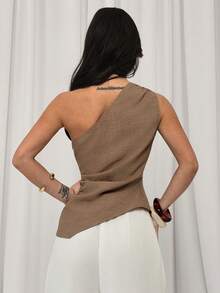 Firerie 女士优雅简约日常通勤衬衫，浅棕色卡其色不对称肩部褶皱不对称下摆修身上衣，度假装、时尚百搭、机场穿搭、复古风格、工作装 - 棕色 - 查看 3