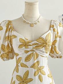 Soleia 女士度假风彩色花卉印花泡泡袖荷叶边下摆浪漫婚礼/毕业典礼/返校派对可爱休闲单身派对复古夏季橙色热带图案印花长裙 - 黃色 - 查看 4