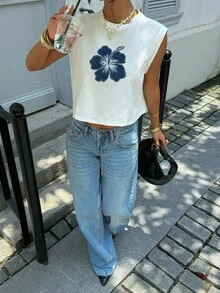 Siren Gaze Áo tank top nữ cổ tròn không tay in họa tiết hoa dâm bụt, thích hợp cho mùa hè, hoạt động ngoài trời, đi biển, lễ hội âm nhạc, mặc ở nhà, phong cách thanh lịch. - trắng - Xem 4