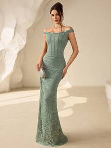Coutiva High-End Beaded & Rhinestone Embellished Off-Shoulder Mermaid Evening Gown - Green - View 6