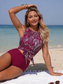 Swim Lushoire Bộ đồ bơi tankini mùa hè dành cho nữ, in họa tiết hạt điều, thích hợp đi biển. - Màu Đỏ Sâu - Xem 6