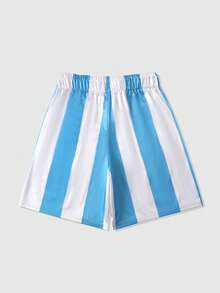 ROMWE MEN Street Life Quần short nam dáng casual, in chữ và sọc, có dây rút ở eo và túi. - Màu xanh lam - Xem 2
