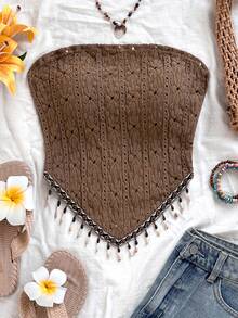 Soleia 女士度假针织抹胸上衣，印花拼接，饰以串珠链，适合派对、圣诞节、约会、夜店、海滩、邮轮、下午茶、波西米亚风、度假、秋季等场合。 - 棕色 - 查看 5