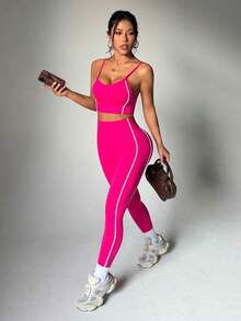 Dewbera Women's Sports Casual Suspender & Tummy Control Lifting Leggings Set - Hot Pink - View 3