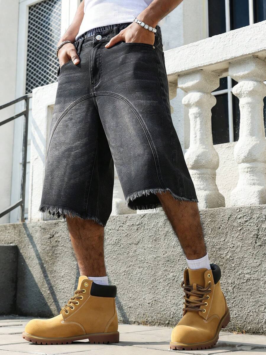Manfinity EMRG Men's American Hip Hop Street Style Patchwork Distressed Denim Shorts - Black - View 1