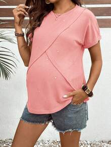 SHEIN Maternity Heart Embroidery Round Neck Short Sleeve Nursing T-Shirt - Pink - View 7