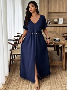 Weeklong Plus Size Women's Beaded Decor A-Line V-Neck Casual Dress, Spring/Summer - Navy Blue - View 7