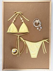 Swim Mod 2026 Spring/Summer Yellow Spaghetti Strap Halter Neck Bikini Set, Special Fabric Side High Cut Thong, Yellow Beaded Decor - Yellow - View 2