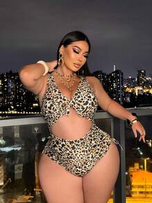Swim SXY 2026 Spring/Summer Beige Leopard Print One-Piece Swimsuit For Thick Women,Plus Size Club Outfits,Minimalist Beach Vacation Holiday Rave Outfits - Multicolor - View 5