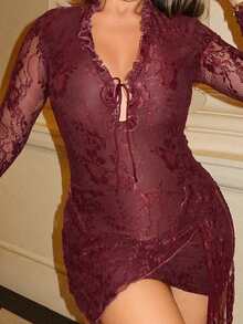 Maria Perezxox Vacation Solid Color Knit Lace Halter Backless Bodycon Mini Dress For Women  Going Out Outfit, Elegant Sexy Party Date Night Outfits Women, Christmas Outfit Women, Elegant Wedding Guest Outfits, Boho New Year's Eve Outfits, Elegant Party Outfit, Luxury Evening Outfit For Women - Purple - View 6