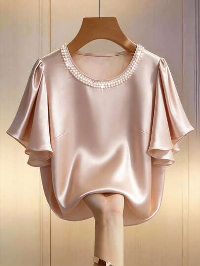 GlowEve CURVE 法式优雅女士圆领短袖泡泡领纯色衬衫，适合休闲、工作通勤等场合。