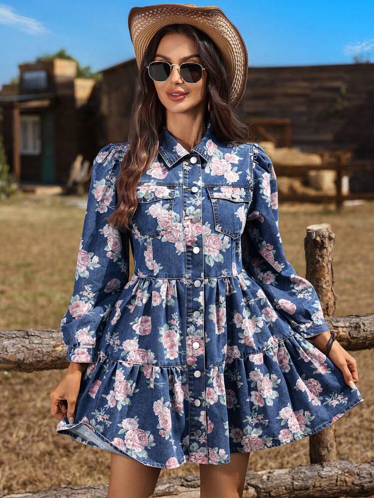 EMERY ROSE فستان جينز كاجوال بطبعة زهرية وكشكشة أحادية الصدر للنساء - أزرق فاتح - مشاهدة 3