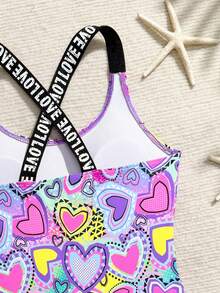 SHEIN Tween Girls Heart Print One-Piece Swimsuit, Suitable For Vacation In Summer - Multicolor - View 4