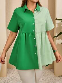 EMERY ROSE Plus Size Women's Sage Green Striped Patchwork Short Sleeve Button Down Shirt,Elegant Summer Smart Casual Everyday Work Blouse,Versatile Peplum Tops - Green - View 3