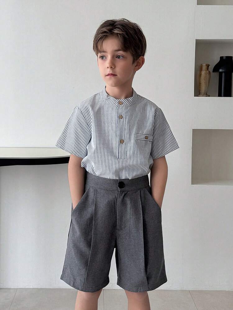 Tween Boy Solid Color High Waist Pleated Loose Casual Shorts