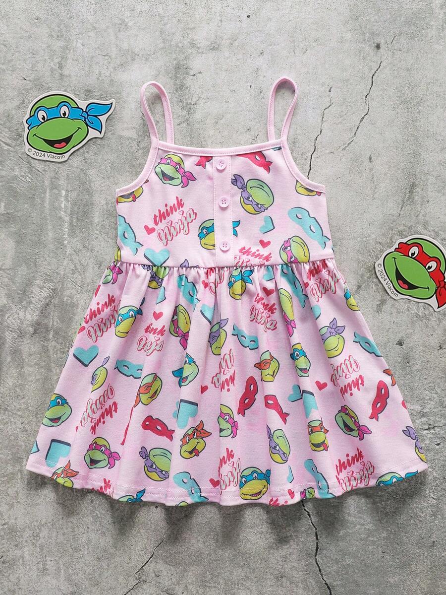 TEENAGE MUTANT NINJA TURTLES | SHEIN Đầm hai dây xếp ly, in chữ và hoạt hình, kiểu dáng thường ngày cho bé gái. - Hồng - Xem 1