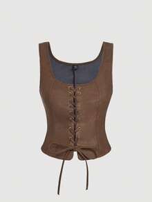 SHEIN MOD Plus Size Army Green Grommets Lace-Up Retro Tank Top - Brown - View 1