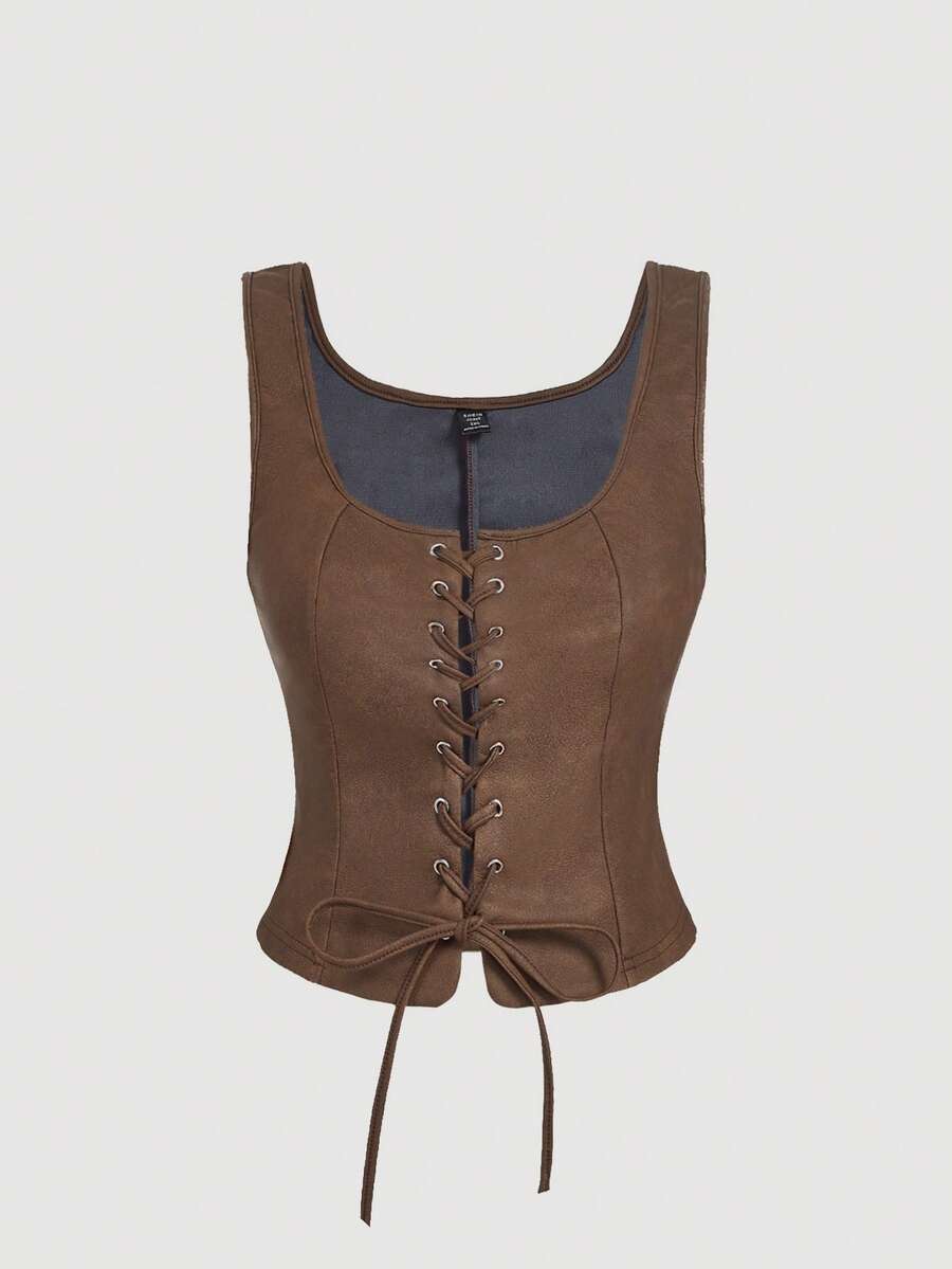 SHEIN MOD Plus Size Army Green Grommets Lace-Up Retro Tank Top - Brown - View 1