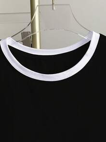 SHEIN Franclia 大码女式撞色滚边仿珍珠装饰休闲日常短袖T恤 - 黑色 - 查看 3