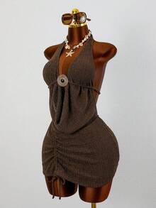 Slaydiva New Women's Backless Halter Mini Cover-Up Dress, Fashionable Sexy Beach Vacation, Spring/Summer - Brown - View 3