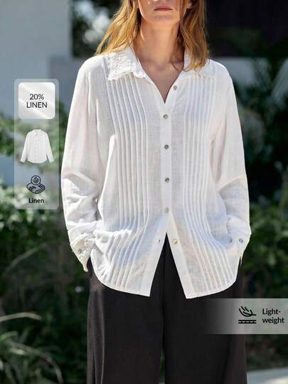Ontre 2026 SS Linen Blend Women's Blouse, Comfortable Breathable Woven Fabric, Turndown Collar, Long Sleeve, Button, Loose Fit, Floral Trim, Modern Urban Chic Business Casual Office Wear, High-Quality Airport Cruise Formal Elegant Wedding Guest Attire, Minimalist Luxurious Versatile Seasonal Vacation Holiday Outfit Summer Shirts For Women Shirts For Women Elegant Linen Shirts For Women Lightweight Linen Shirt White Shirts For Women