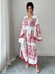 Elenzga Eastern European Retro Print Red & White Contrast Fringe Trim V-Neck Cinched Waist Maxi Dress, Vacation Style - Red and White - View 5